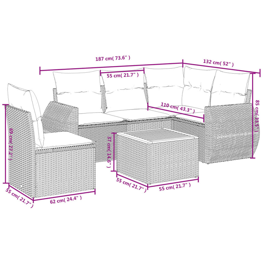 6-delige Loungeset met kussens poly rattan zwart