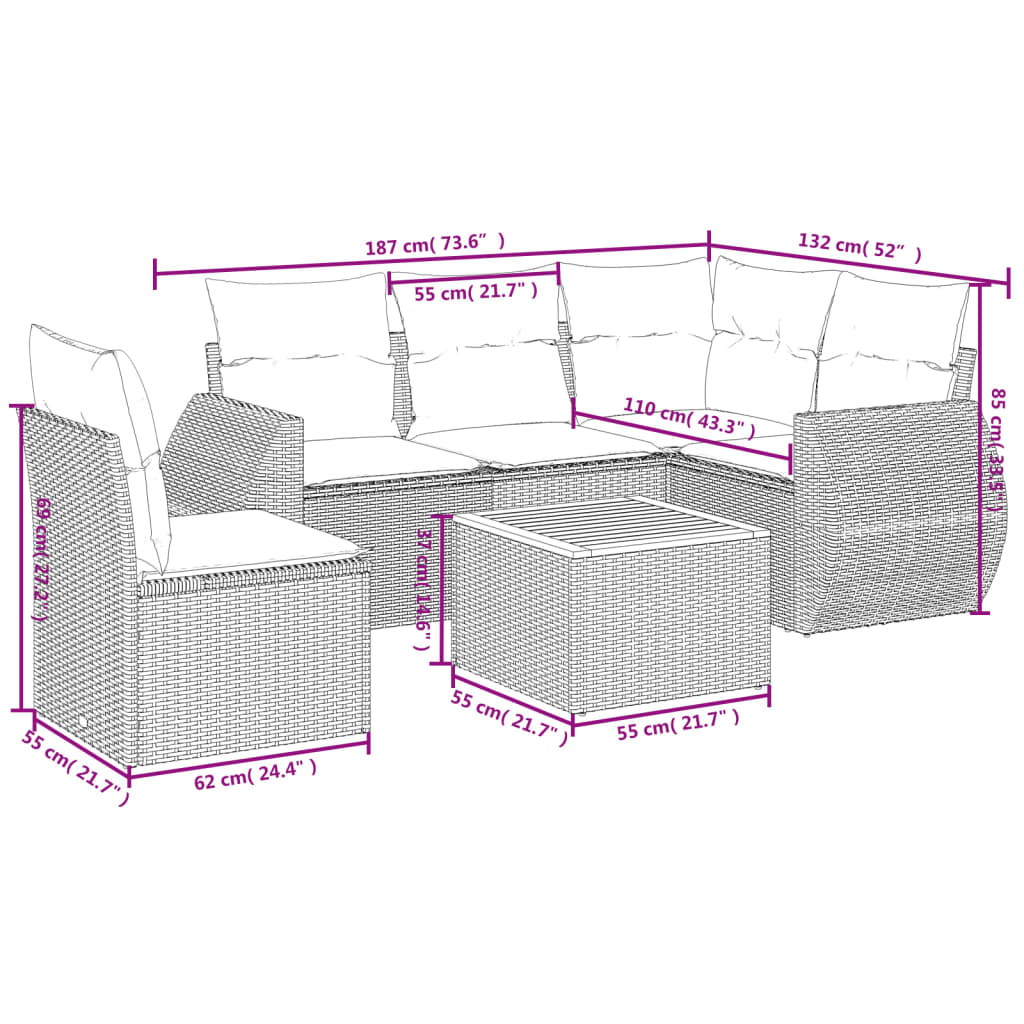 6-Delige Loungeset Met Kussens Poly Rattan Beige