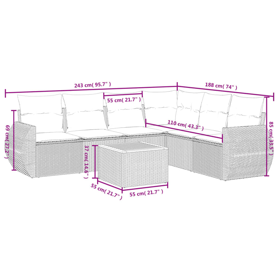 7-Delige Loungeset Met Kussens Poly Rattan Zwart