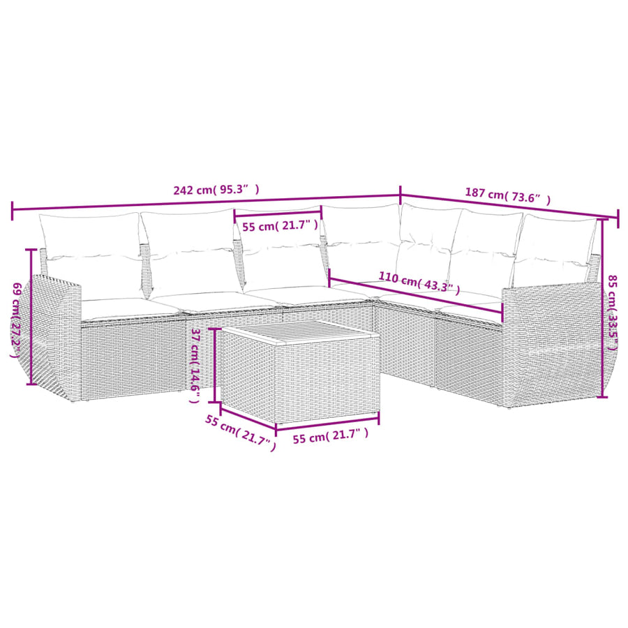 7-Delige Loungeset Met Kussens Poly Rattan Beige