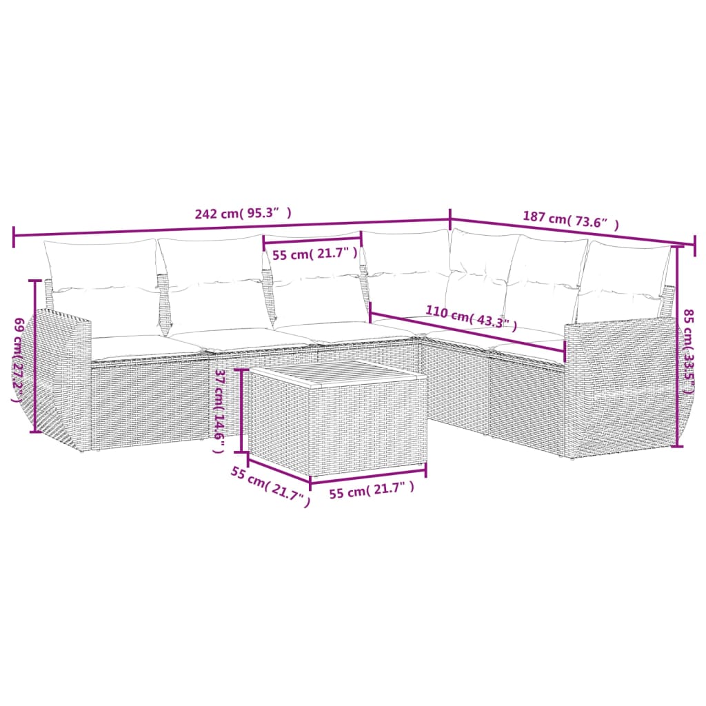 7-Delige Loungeset Met Kussens Poly Rattan Grijs