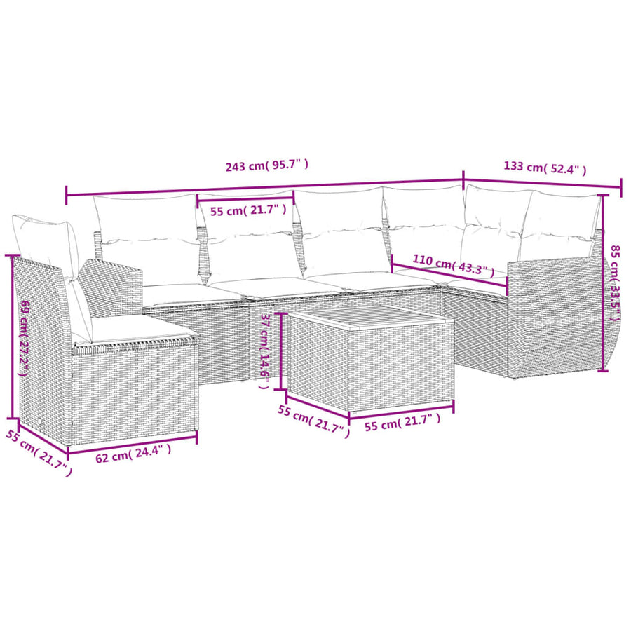 7-Delige Loungeset Met Kussens Poly Rattan Beige