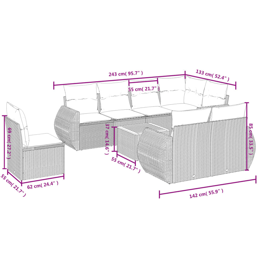 9-Delige Loungeset Met Kussens Poly Rattan Beige