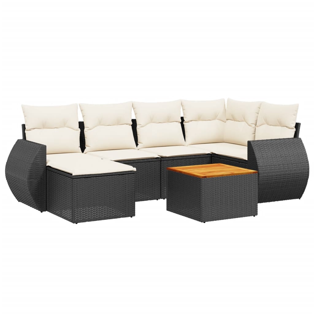 7-delige Loungeset met kussens poly rattan zwart Zwart en crème