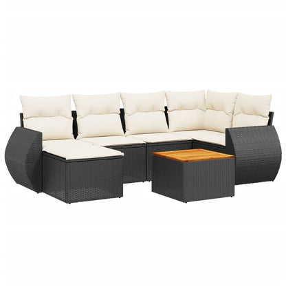 7-delige Loungeset met kussens poly rattan zwart Zwart en crème