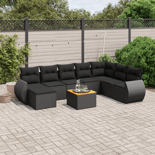 9-delige Loungeset met kussens poly rattan zwart Zwart