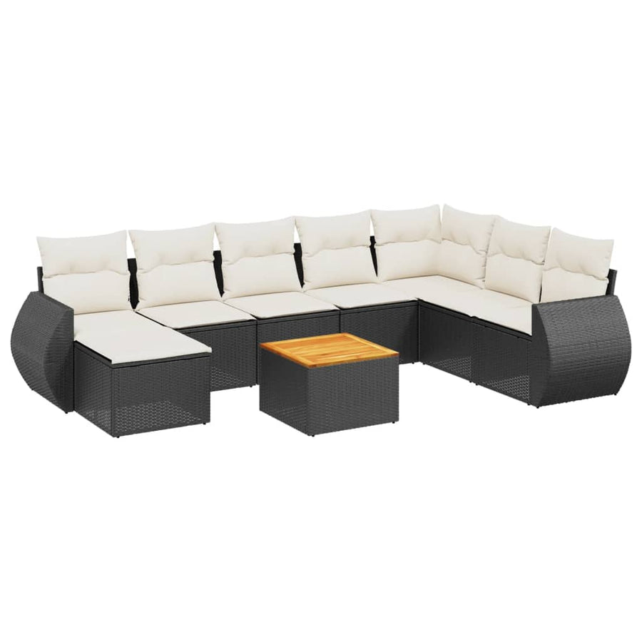 9-delige Loungeset met kussens poly rattan zwart Zwart en crème