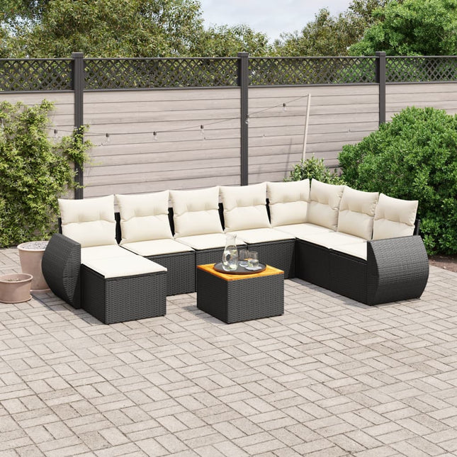 9-delige Loungeset met kussens poly rattan zwart Zwart en crème