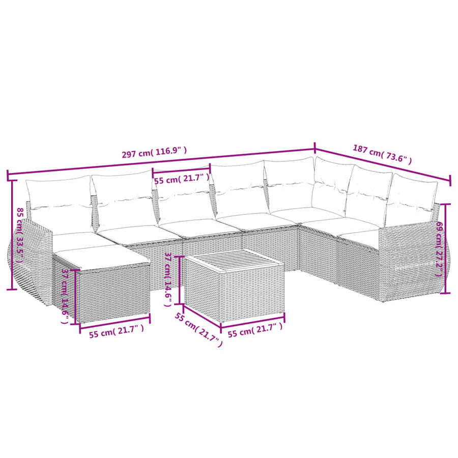 9-delige Loungeset met kussens poly rattan beige Beige en grijs