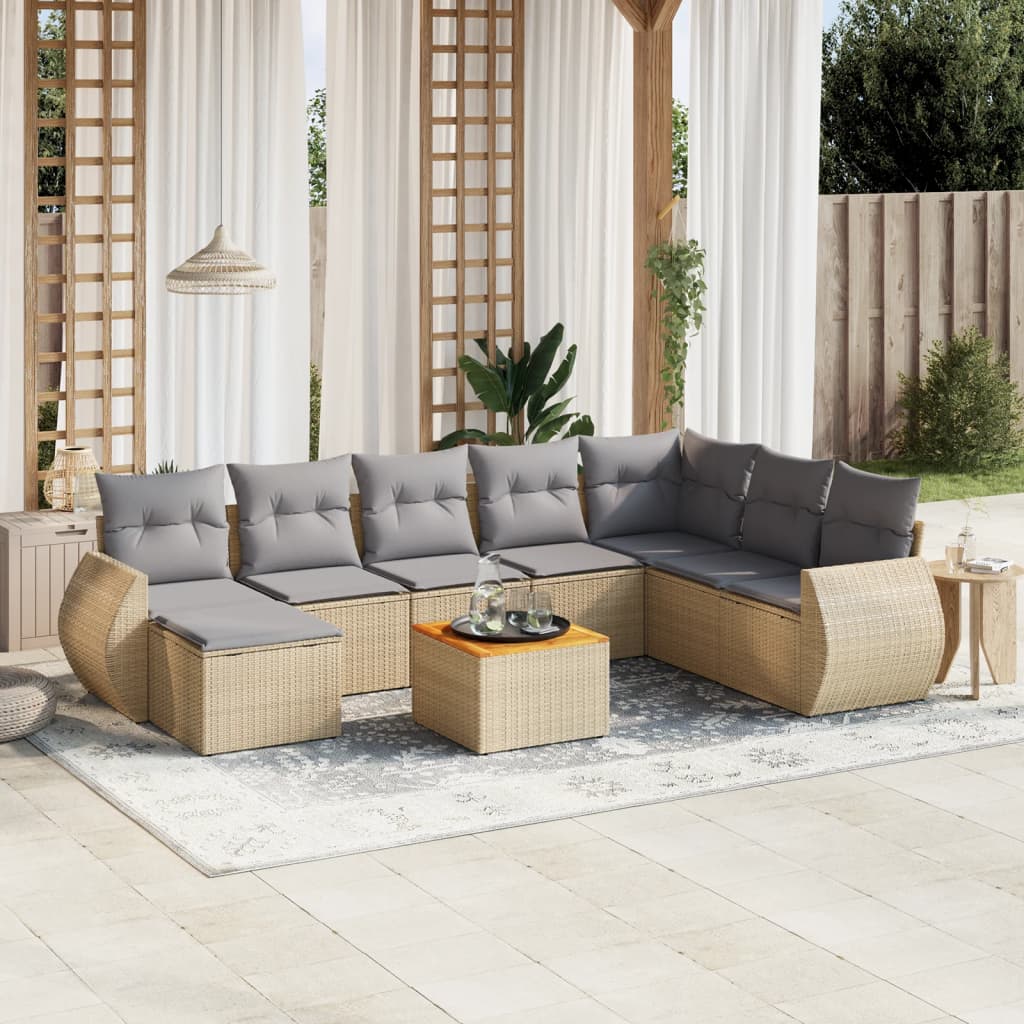 9-delige Loungeset met kussens poly rattan beige Beige en grijs