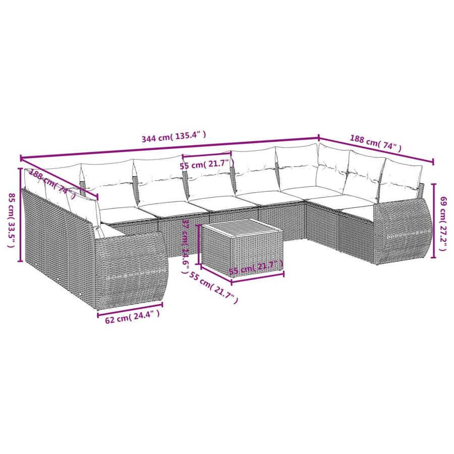 11-Delige Tuinset Met Kussens Poly Rattan Beige