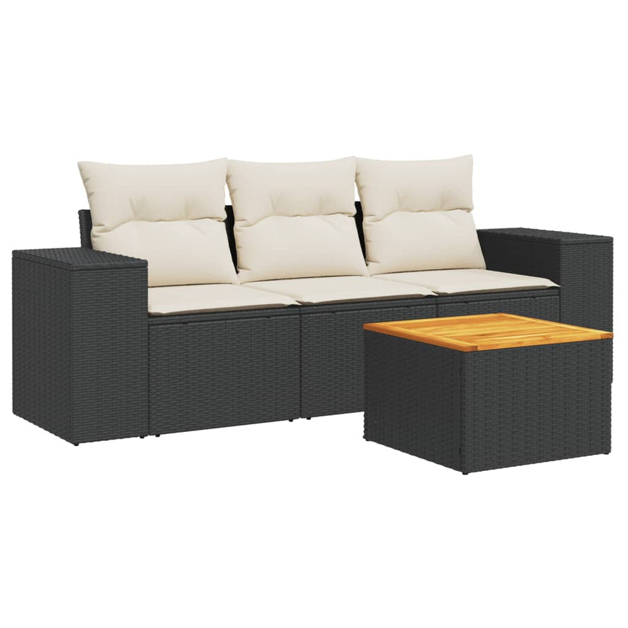 4-delige Loungeset met kussens poly rattan zwart Zwart en crème
