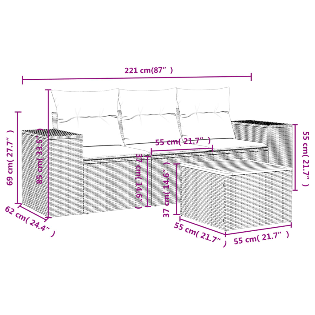 4-delige Loungeset met kussens poly rattan zwart Zwart en crème