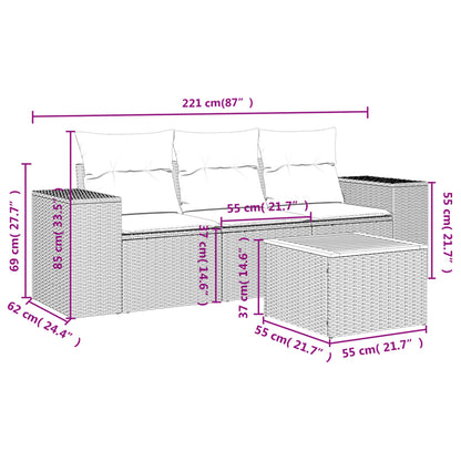 4-delige Loungeset met kussens poly rattan zwart Zwart en crème