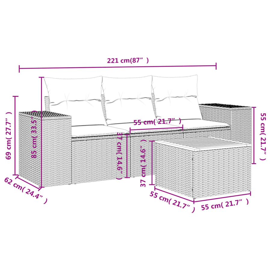 4-delige Loungeset met kussens poly rattan zwart Zwart en crème