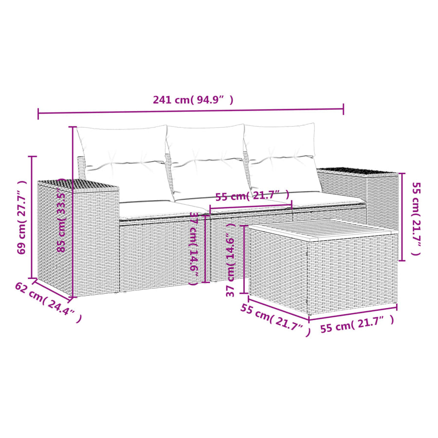 4-Delige Loungeset Met Kussens Poly Rattan Beige