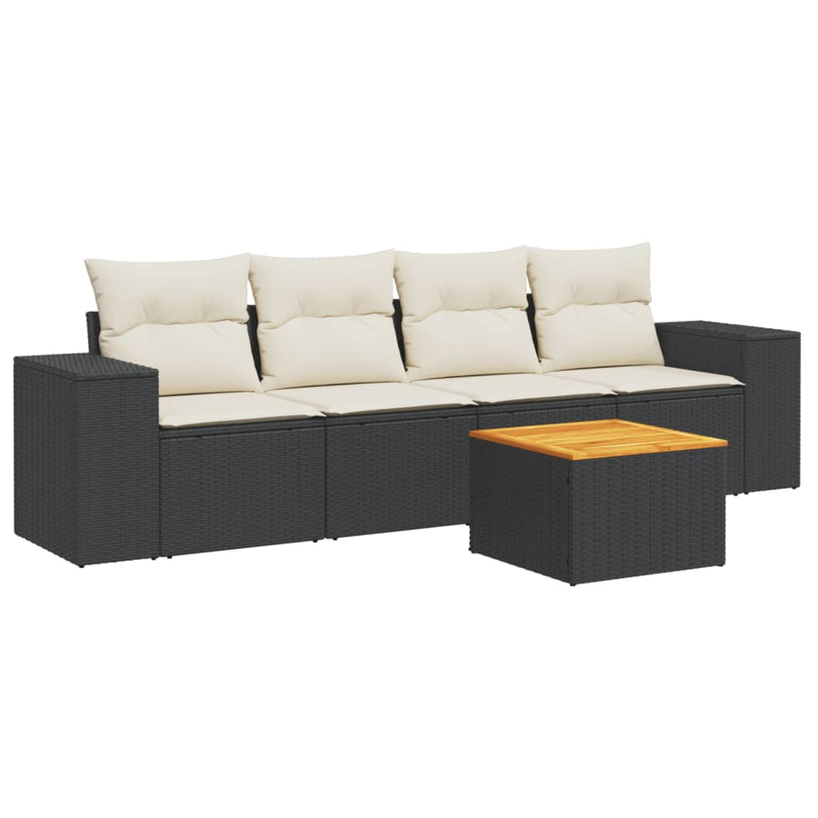 5-delige Loungeset met kussens poly rattan zwart Zwart en crème
