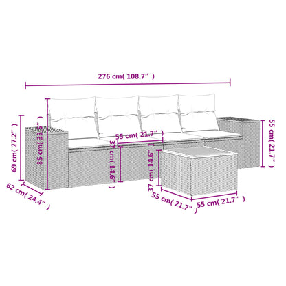 5-delige Loungeset met kussens poly rattan zwart Zwart en crème