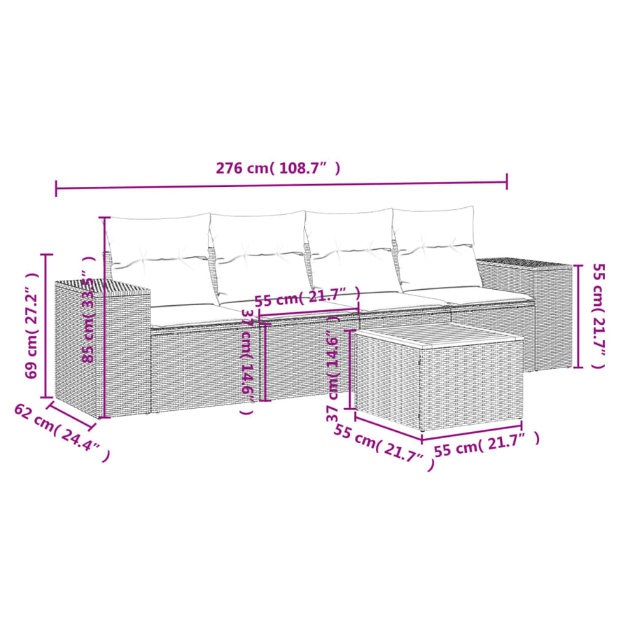 5-delige Loungeset met kussens poly rattan zwart Zwart en crème