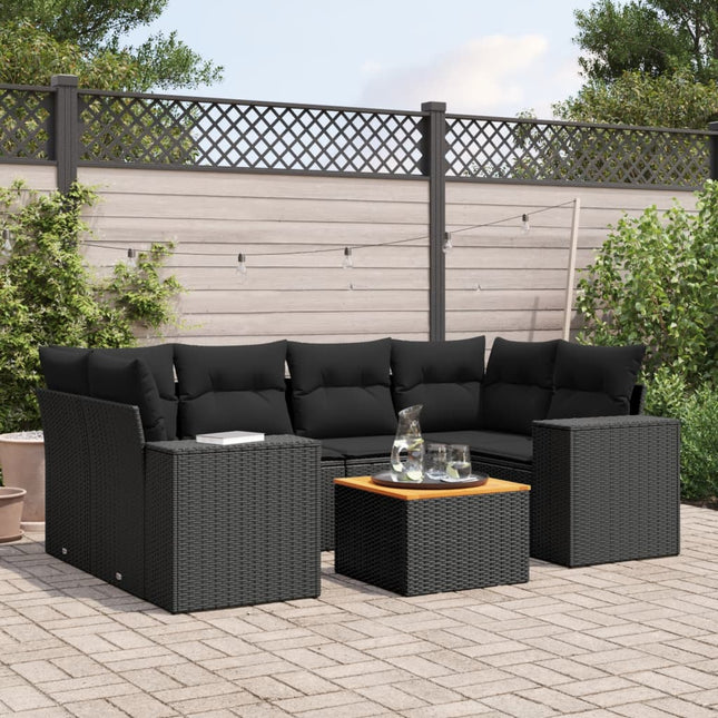 7-delige Loungeset met kussens poly rattan zwart Zwart