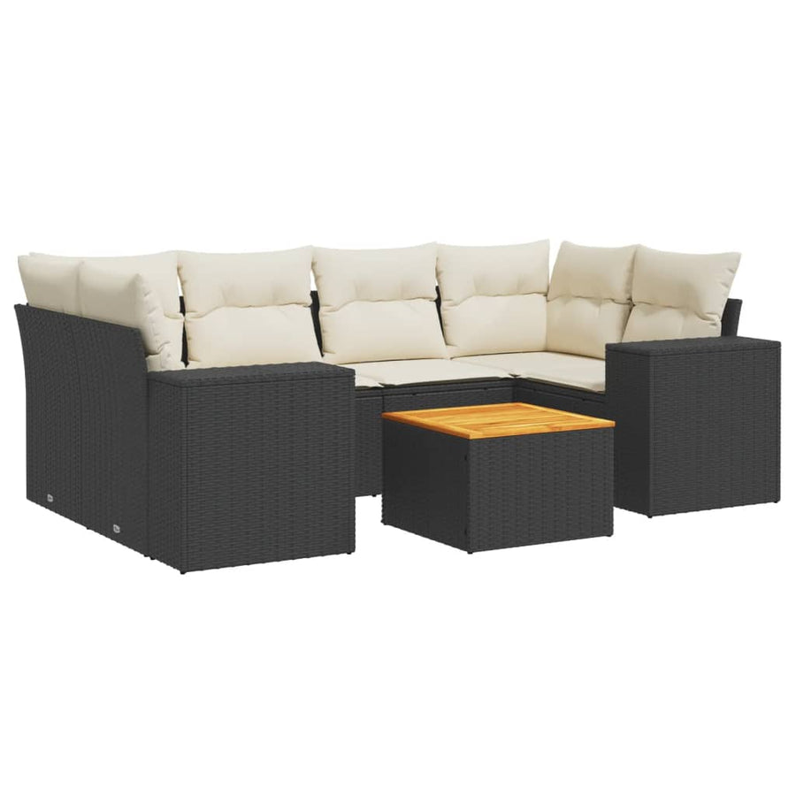 7-delige Loungeset met kussens poly rattan zwart Zwart en crème