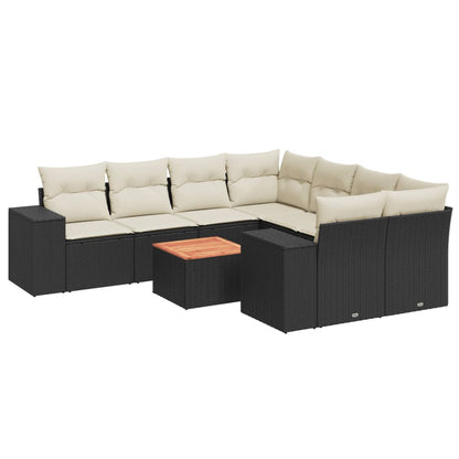 9-Delige Loungeset Met Kussens Poly Rattan Zwart en crème