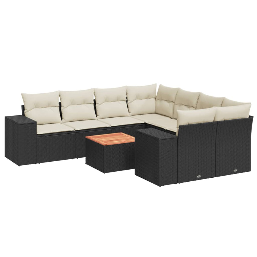 9-Delige Loungeset Met Kussens Poly Rattan Zwart en crème