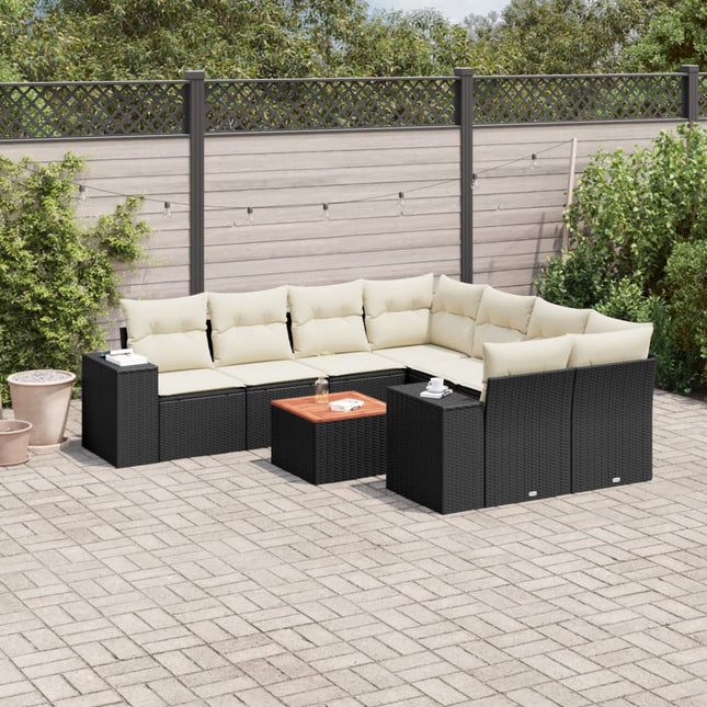 9-Delige Loungeset Met Kussens Poly Rattan Zwart en crème