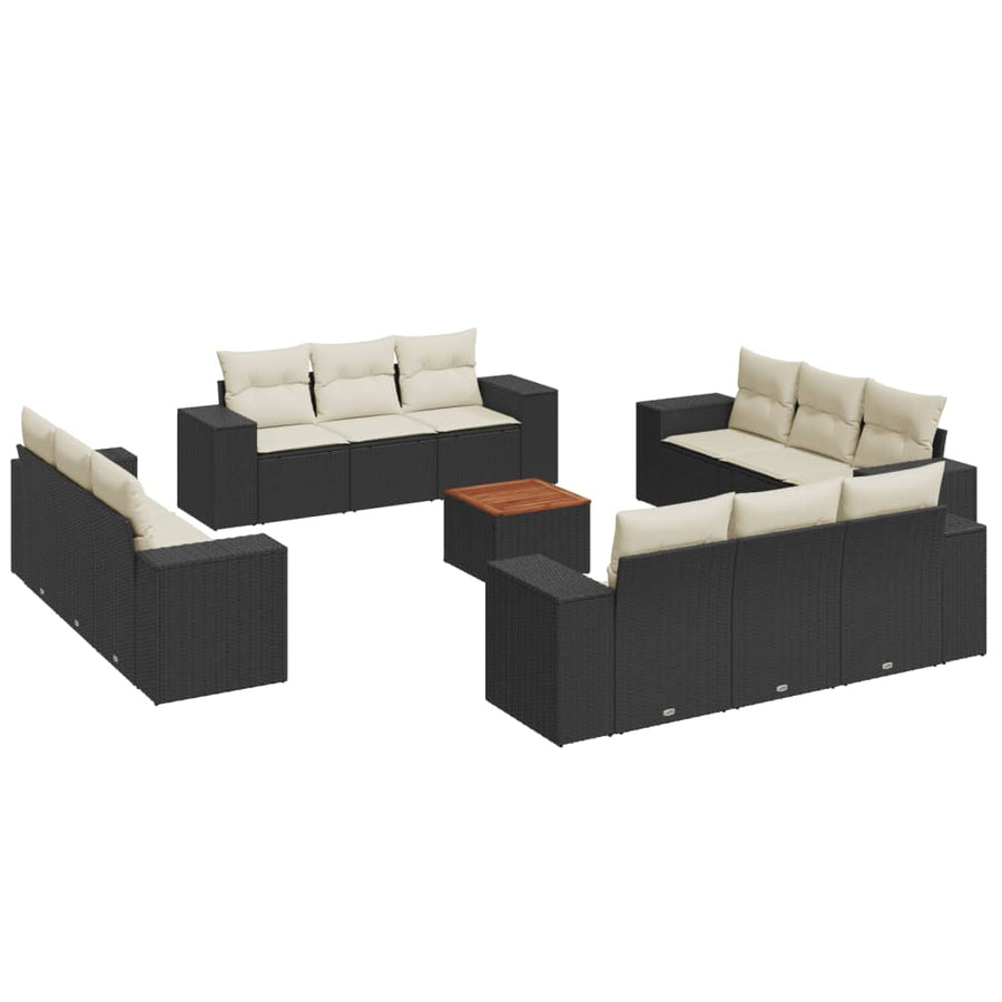 13-delige Loungeset met kussens poly rattan zwart Zwart en crème