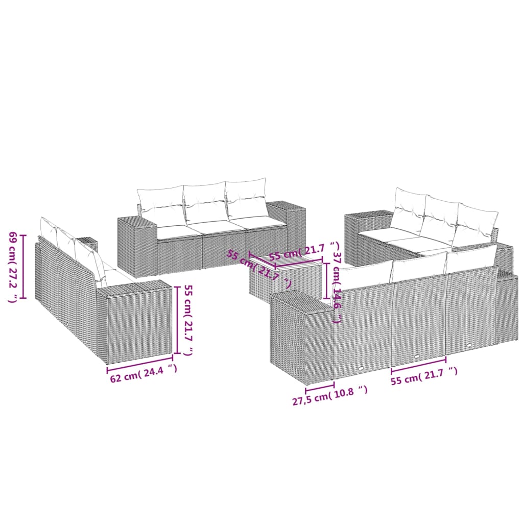 13-Delige Loungeset Met Kussens Poly Rattan Beige