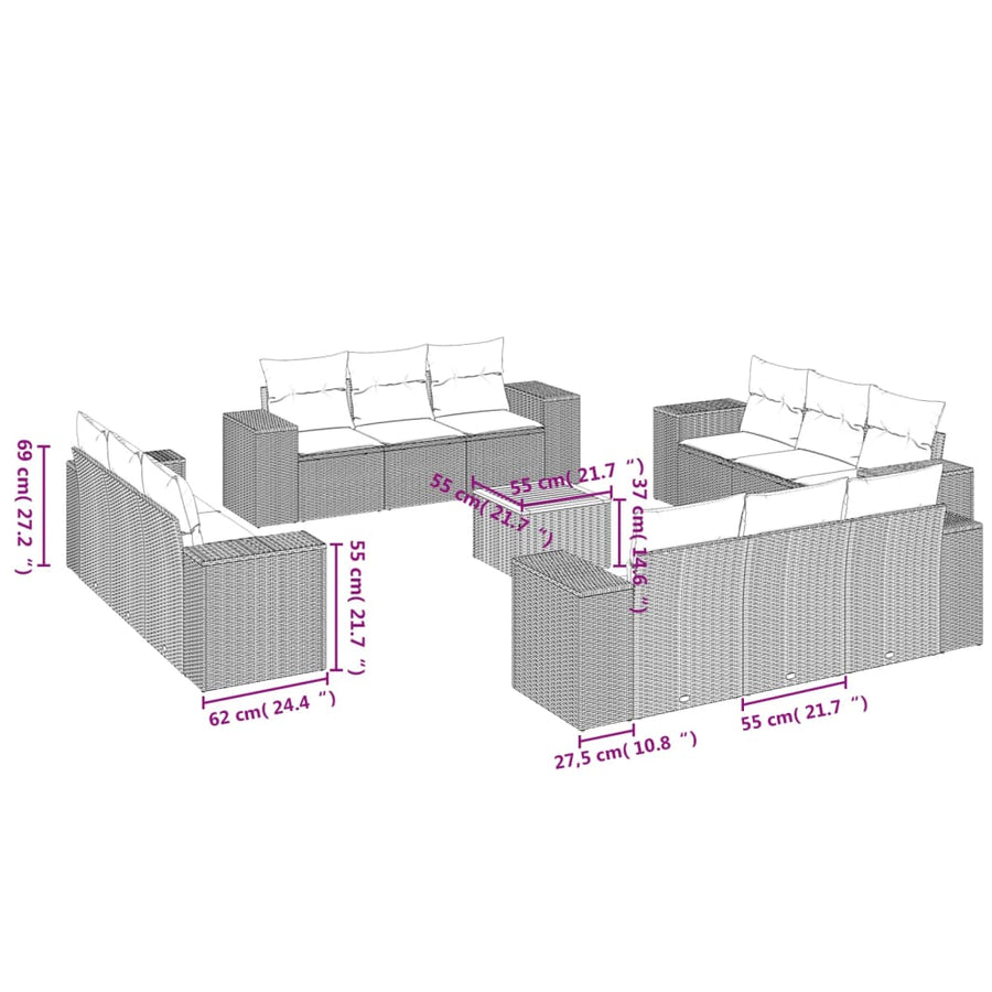 13-Delige Loungeset Met Kussens Poly Rattan Grijs