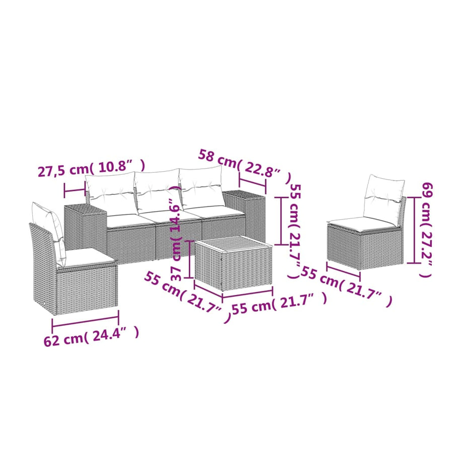 6-Delige Loungeset Met Kussens Poly Rattan Zwart en crème