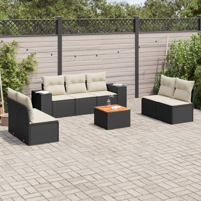 8-delige Loungeset met kussens poly rattan zwart Zwart en crème