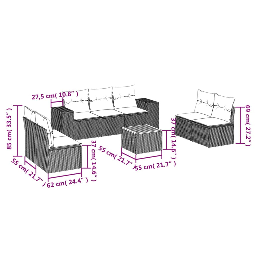 8-Delige Loungeset Met Kussens Poly Rattan Grijs