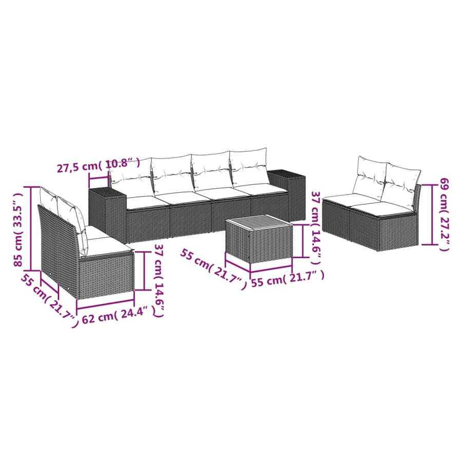 9-Delige Loungeset Met Kussens Poly Rattan Zwart