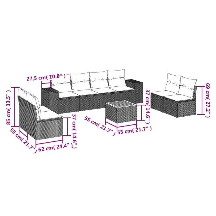 9-Delige Loungeset Met Kussens Poly Rattan Grijs