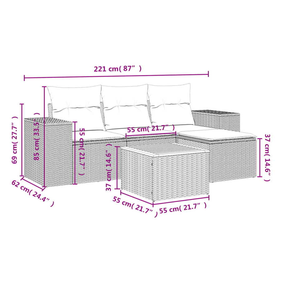 5-delige Loungeset met kussens poly rattan zwart Zwart