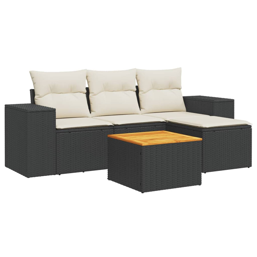 5-delige Loungeset met kussens poly rattan zwart Zwart en crème