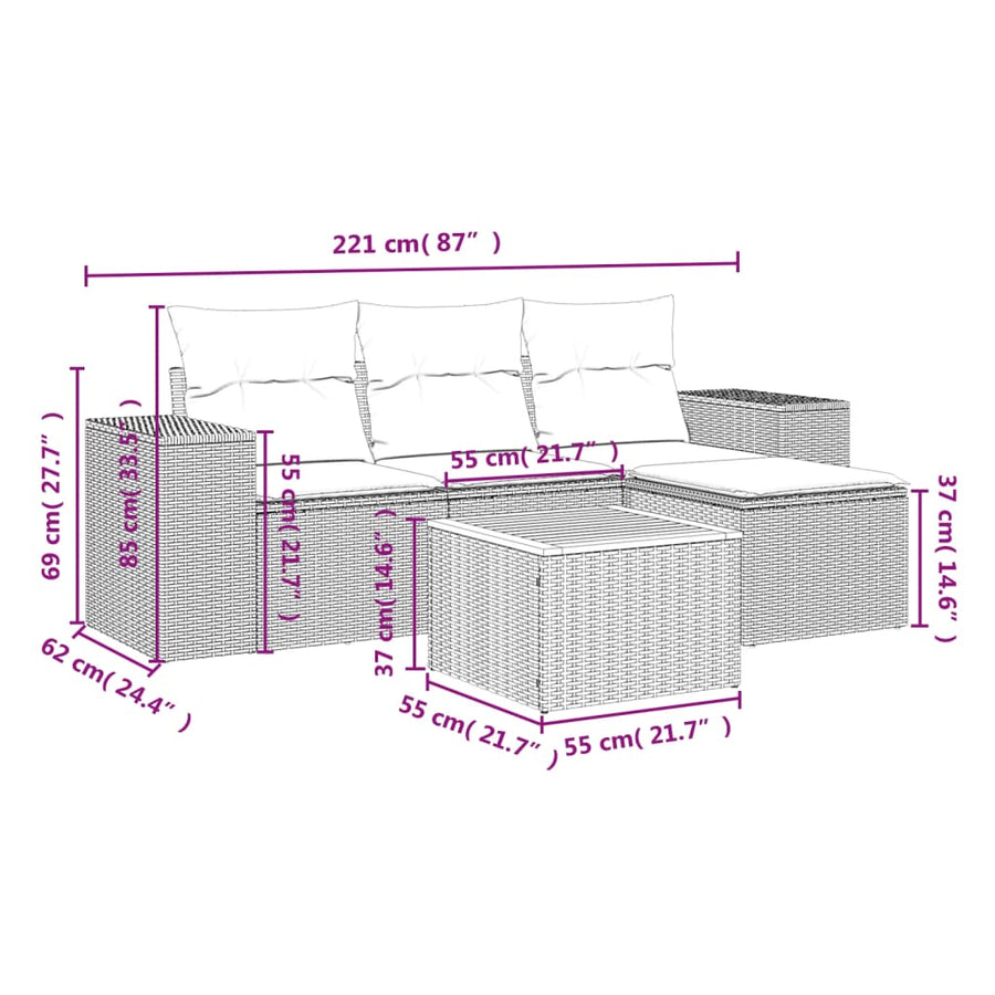 5-delige Loungeset met kussens poly rattan zwart Zwart en crème