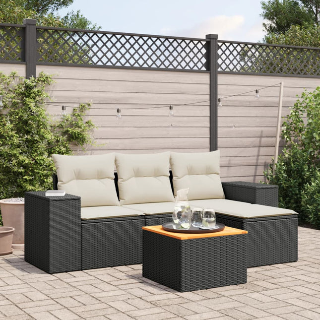 5-delige Loungeset met kussens poly rattan zwart Zwart en crème