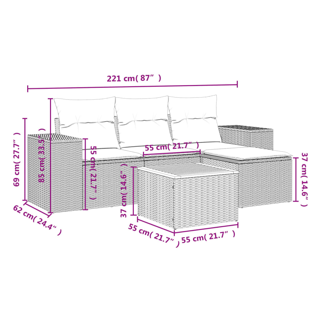 5-delige Loungeset met kussens poly rattan beige beige and cream