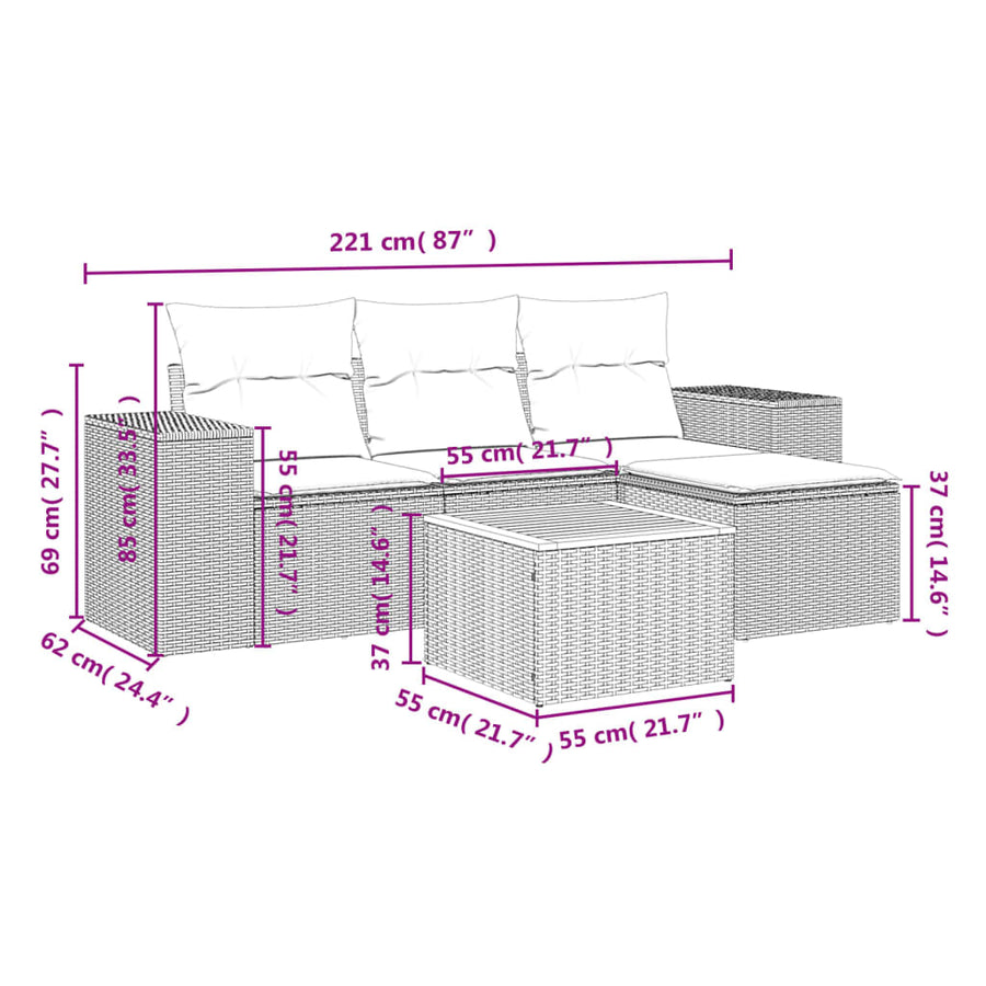 5-delige Loungeset met kussens poly rattan beige beige and cream
