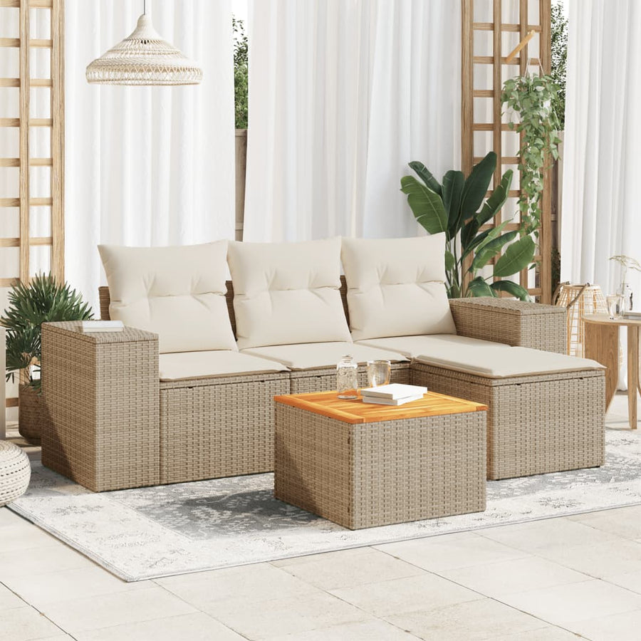 5-delige Loungeset met kussens poly rattan beige beige and cream