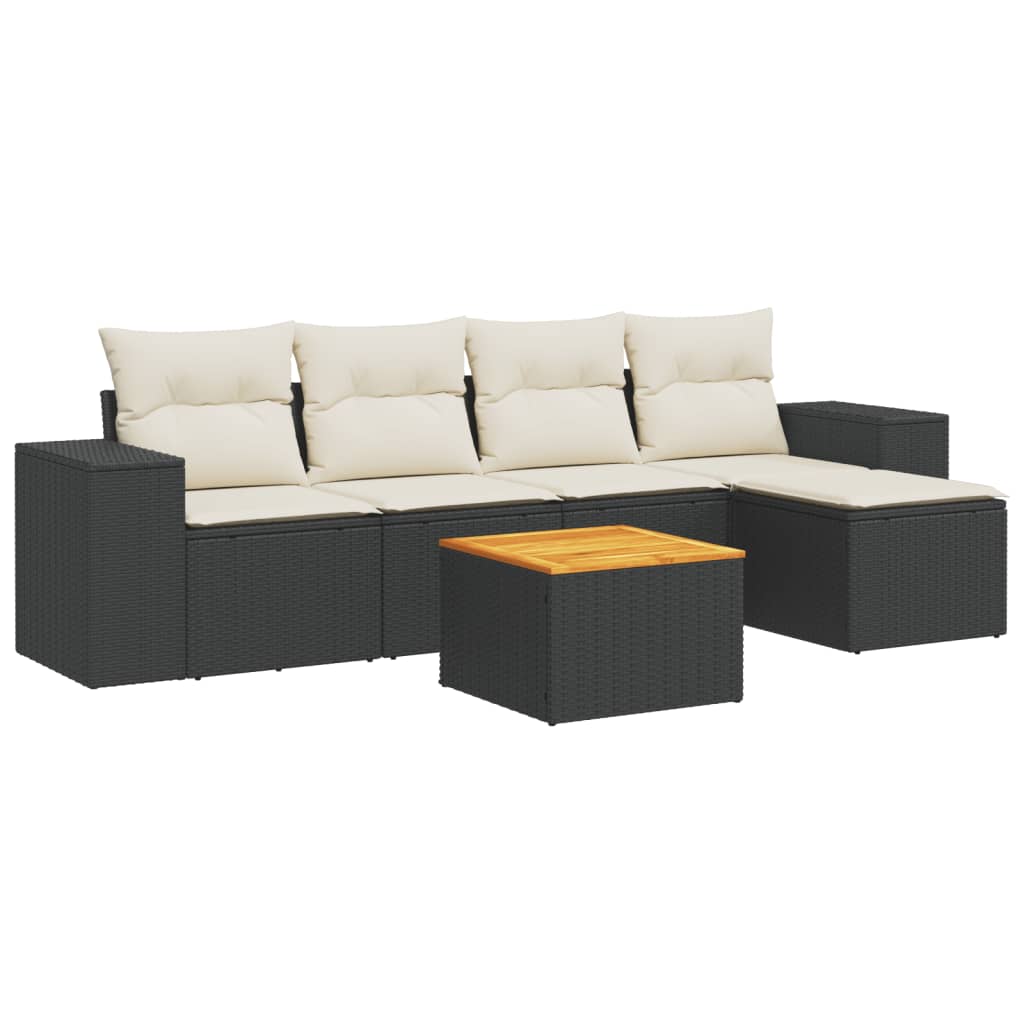 6-delige Loungeset met kussens poly rattan zwart Zwart en crème