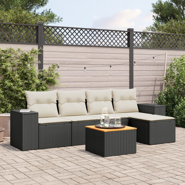 6-delige Loungeset met kussens poly rattan zwart Zwart en crème