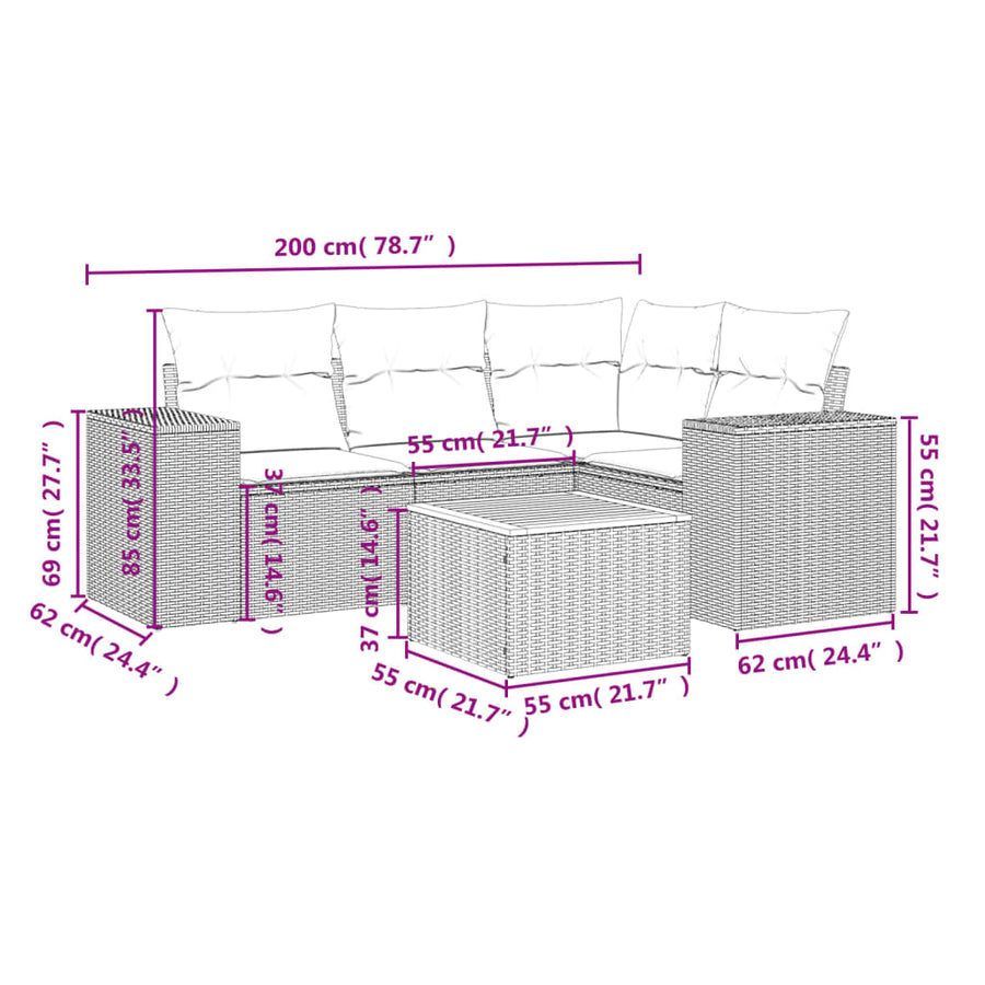 5-delige Loungeset met kussens poly rattan zwart Zwart