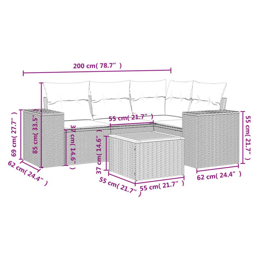 5-delige Loungeset met kussens poly rattan beige Beige en grijs