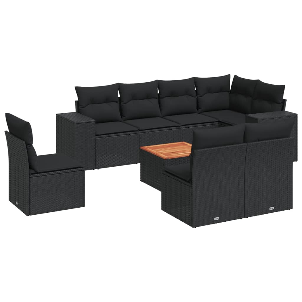 9-delige Loungeset met kussens poly rattan zwart Zwart