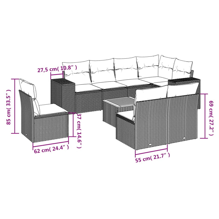 9-delige Loungeset met kussens poly rattan zwart Zwart