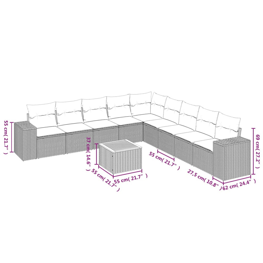 10-delige Loungeset met kussens poly rattan zwart Zwart